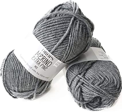 Superwash 100% Merino Wool Yarn for Knitting and Crocheting, 3 or Light, DK, Leight Worsted Weight, Drops Merino Extra Fine, 1.8 oz 115 Yards per Ball (04 Medium Grey)