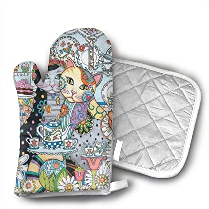 Creative Cats Oven Mitts and Potholders (2-Piece Sets) - Kitchen Set with Cotton Heat Resistant,Oven Gloves for BBQ Cooking Baking Grilling