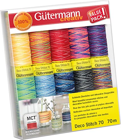 Gütermann creativ Sewing Thread Set with 10 spools of Decorative Thread Deco Stitch 70 70 m in Different Multicolour Colours