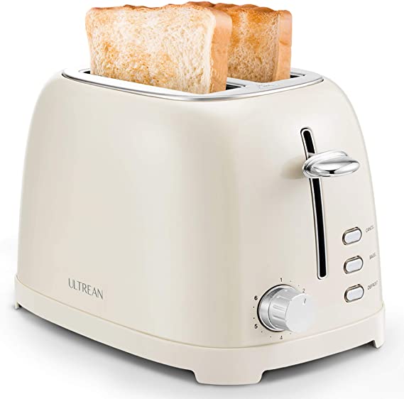 Ultrean Toaster 2 Slice with Extra-Wide Slot, Stainless Steel Toaster with Removable Crumb Tray, Small Toaster with 6 Browning Settings, Cancel, Bagel, Deforest Functions, 825 W, Cream