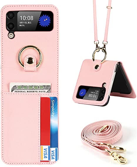 SailorTech Samsung Galaxy Z Flip 3 5G Wallet Case with Ring, Ultra Slim PU Leather Back Cover Phone Cases with 4 Card Slots Lanyard Pink