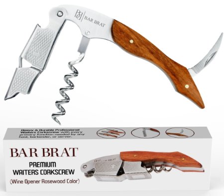 Corkscrew Professional Waiters Wine Bottle Opener by Bar Brat (Rosewood) / All-In One With Foil Cutter / 110 Cocktail Recipe Ebook Included