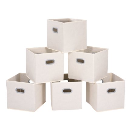 Set of 6 Cloth Cube Organizers, MaidMAX Nonwoven Collapsible Fabric Drawer Storage Cube with Dual Plastic Handles, Beige