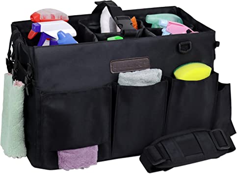 Jillmo Large Wearable Cleaning Caddy for Cleaning Supplies, Caddy Organizer with Handle and Shoulder and Waist Straps, Cleaning Caddy Bags for Housekeepers & Cleaners (Black)