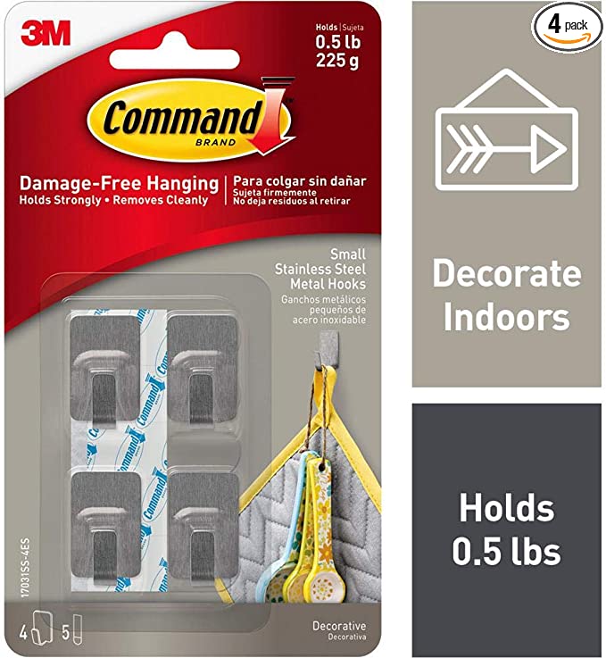 Command Strips 17031ss-4es Small Stainless Steel Metal Hooks 4 Count With Command Adhesive Strips