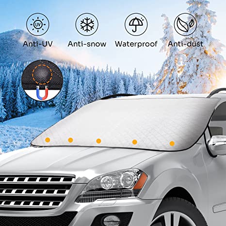 JOYTUTUS Magnetic Windshield Snow Ice Cover Winter Frost Cover with 4 Layers Protection, Waterproof Sun Shade Universal Cover, Fits Most Car Trucks Vans and SUVs