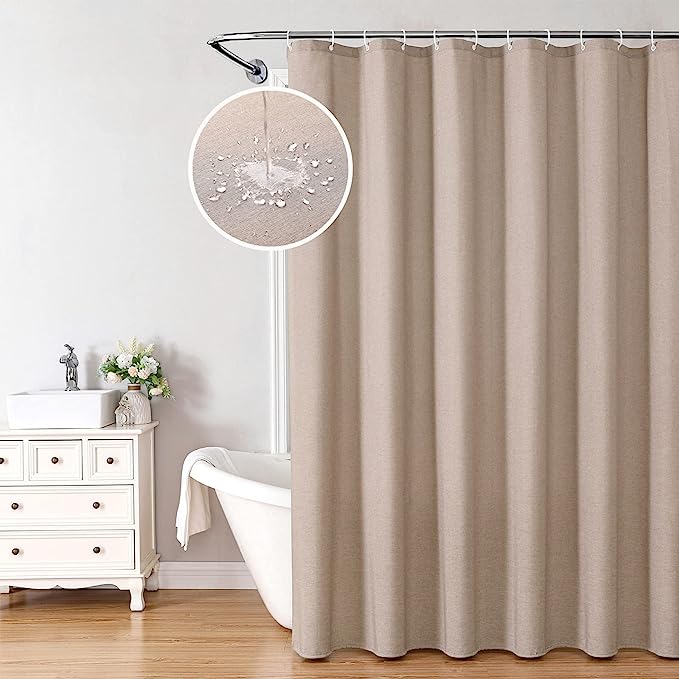 Krismile Linen Shower Curtains Mildew Resistant Waterproof Washable, Weighted Hem Bathroom Shower Curtain with 12 Plastic Hooks 180x180cm Khaki/Tan