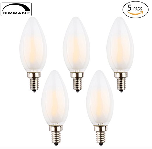 OPALRAY 6W Dimmable LED Filament Candle Light Bulb Bullet Tip- C35 LED Edison Vintage Bulb 60W Equivalent - E12 Candelabra Base Lamp - Warm White 2700K 600LM - Frosted Glass, 5 Pack