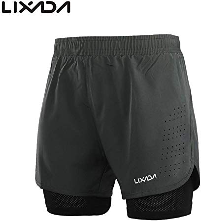 Lixada Men's 2-in-1 Running Shorts Quick Drying Breathable Active Training Exercise Jogging Cycling Shorts with Longer Liner