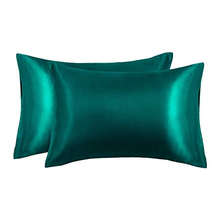 EXQ Home Satin Pillowcases Set of 2 for Hair and Skin Queen Size 20x30 Green Pillow Case with Envelope Closure (Anti Wrinkle,Hypoallergenic,Wash-Resistant)