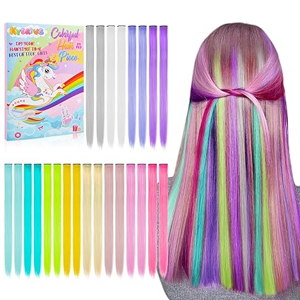 Kyerivs Colored Hair Extensions Temporary Hair Color Gift for Girls Age 5 6 7 8 9 10-14, 24PCS 20Inch Clip In Rainbow Straight Hairpieces Colorful Hair Accessories Easter Basket Stuffer for Kid Teen