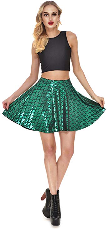 Lesubuy Bright Fish Scales Christmas Party Cute Skirt Shiny Mermaid Tail Mini Flared Skater Knee Length Skirts for Women