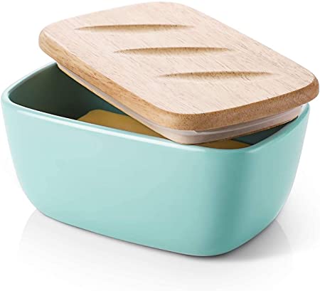 DOWAN Porcelain Butter Dish - Covered Butter Container with Wooden Lid for Countertop, Large Butter Dish with Covers Perfect for East West Coast Butter, Blue