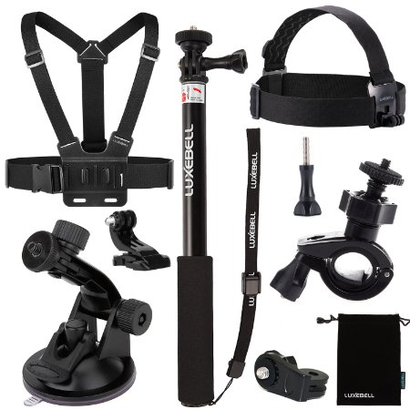 Luxebell 7-in-1 Accessories Kit for Sony Action Camera Hdr-as15 As20 As30v As100v As200v Hdr-az1 Mini Sony Fdr-x1000v Selfie Stick  Chest Mount Harness  Suction Cup Mount  Head Mount