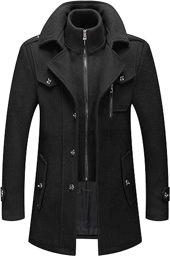 PRIJOUHE Men's Wool Blend Jacket Single Breasted Slim Fit Thick Winter Windproof Pea Coat with Removable Scarf