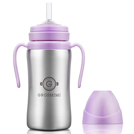 Grosmimi Vacuum Insulated Sippy Cup with Straw with Handle for Baby and Toddlers, Stainless 10 oz (Pure Lavender)