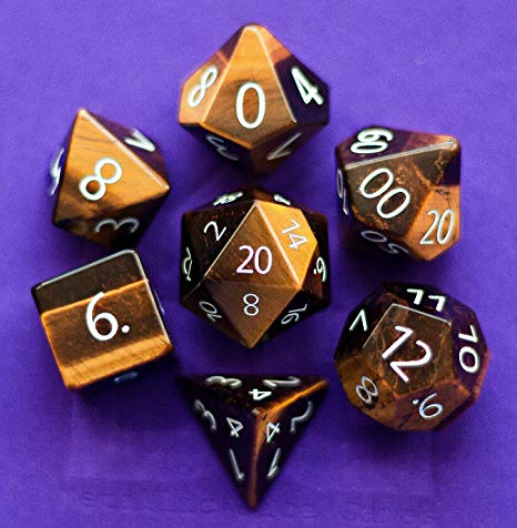 Tiger's Eye Gemstone Polyhedral Dice Set: Hand Carved Full-Sized 16mm. Great for DND RPG Dungeons and Dragons
