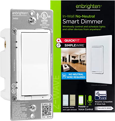 Enbrighten 52252 Z-Wave Plus Smart Light Dimmer with QuickFit and SimpleWire, Compatible with Alexa, Google Assistant, Zwave Hub Required, Repeater/Range Extender, 3-Way, White & Light Almond