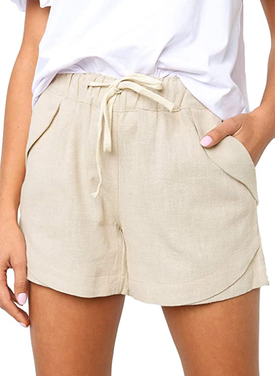 Dokotoo Womens Casual Drawstring Elastic Waist Comfy Cotton Linen Shorts