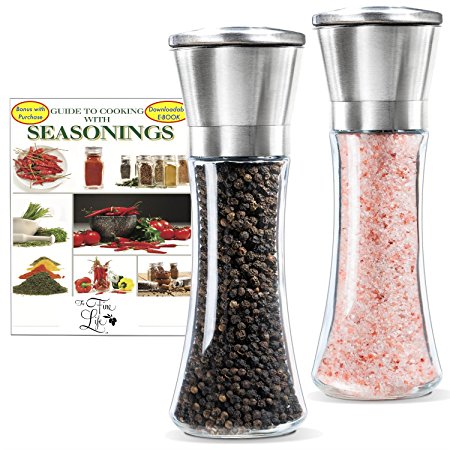 The Fine Life Salt and Pepper Mills and Spice Grinders with Adjustable Manual Ceramic Grinder - Bonus FREE ebook on Cooking with Seasonings - Stainless Steel, Glass - Tall Pair 7 inches