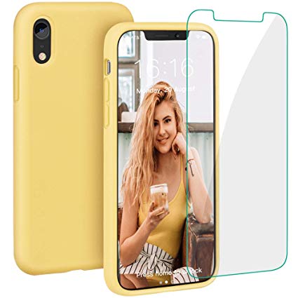 Case for iPhone XR, Liquid Silicone Full Protective Phone Cover with Free Tempered Screen Protector Shockproof Shell for iPhone XR-Yellow