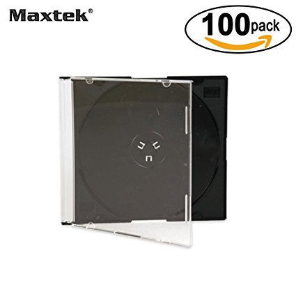 Maxtek Ultra Thin 5.2mm Slim Clear CD Jewel Case with Built In Black Tray, 100 Pack.