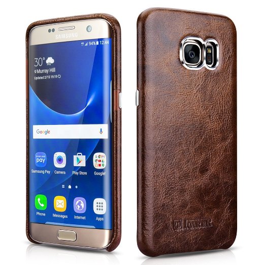 Galaxy S7 Edge Case, Icarercase Ultra Slim Real Leather Back Cover for Samsung Galaxy S7 Edge 5.5 Inch (Coffee)