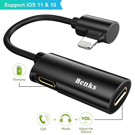 Benks iPhone X Dual Lightning Splitter Charger Adapter [Support iOS 11] Audio and Charger Earphone Jack (Support Music Charge, Phone Call, Remote) for iPhone 10/8/7/8 Plus/7 Plus Black