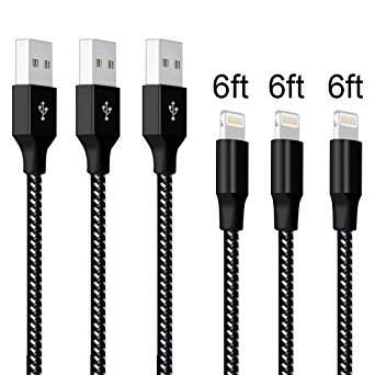 XUZOU iPhone Cable,Lightning Cable 3Pack 6FT Nylon Braided Cord to USB Charging Charger for iPhone 7/7 Plus/6S/6S Plus,SE/5S/5,iPad,iPod Nano 7 (Black White,6FT)