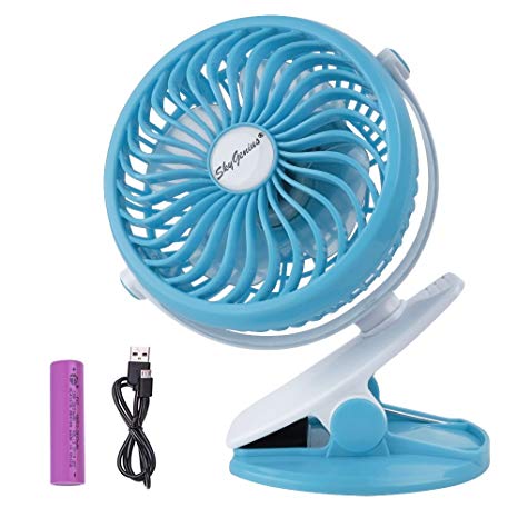 SkyGenius Battery Operated Clip on Mini Desk Fan Rechargeable 2600mAh Battery or USB Powered, Blue