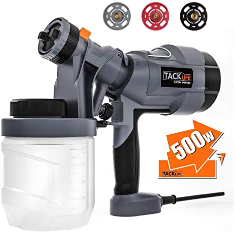 Paint Sprayer, TACKLIFE 500 Watt Spray Gun, Electric Spray Gun with 3 Size nozzles (1.0mm, 2.0mm, 2.5mm), Two Copper cores with 3 Spray Patterns, 900 ml Paint Container-SGP18AC