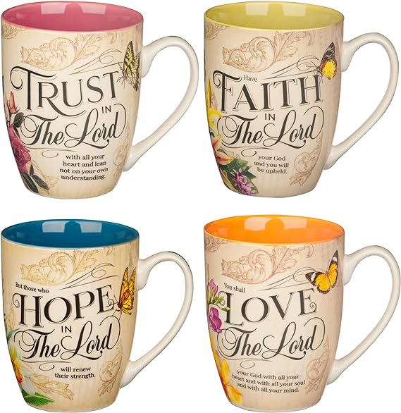 Christian Art Gifts Novelty Floral Ceramic Scripture Coffee & Tea Mug Set: Hope, Trust, Faith, Love - 4 Fancy Medium 12 oz. Cups w/Butterflies & Bible Verses, Multicolor Blue/Pink/Green/Orange Floral