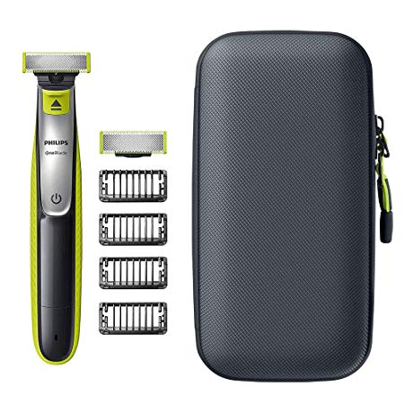 Philips OneBlade BUNDLE: OneBlade Trimmer & Shaver with 2 Blades & 4 Trimming Combs with Travel Case (UK 2-Pin Bathroom Plug)