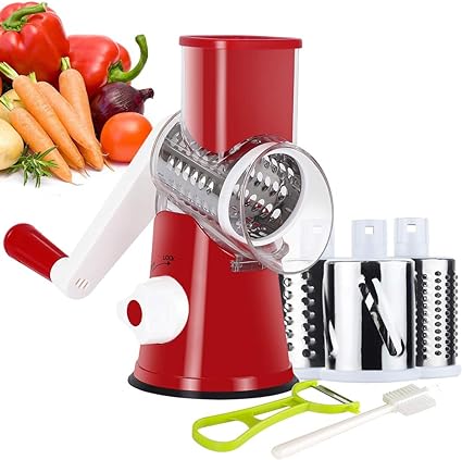Ourokhome Manual Rotary Cheese Grater - Round Tumbling Box Shredder for Vegetable, Nuts, Potato with Peeler and Brush (Red)