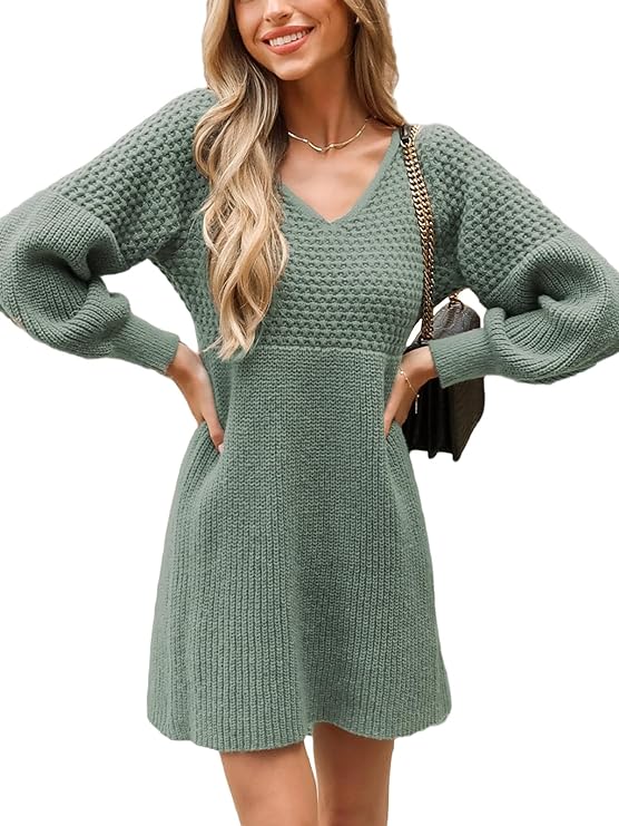 CUPSHE Women's Sweater Dress V Neck Honeycomb Long Sleeve Textured Casual Knit Pullover Dresses