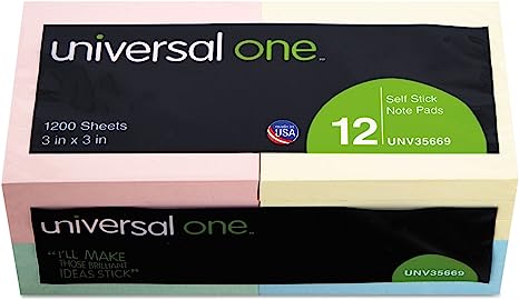 Universal 35669 Standard Self-Stick Notes, 3 X 3, Assorted Pastel Colors, 100-Sheet, 12/Pack