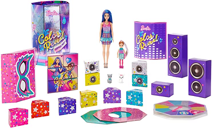 Barbie Color Reveal Surprise Party Set with 50  Surprises: 1 Doll, 1 Chelsea Doll, 2 Pets, 6 Color-Change Activations, Accessories & More, Dance Party-Themed Set, Gift for Kids 3 Years Old & Up