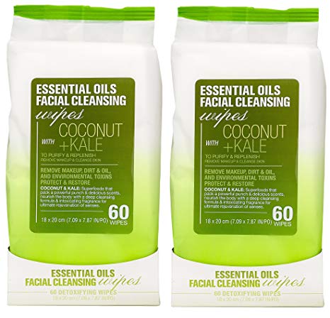 Essential Oils - 2 Pack (60 Count Each) Coconut and Kale Facial Cleansing Wipes