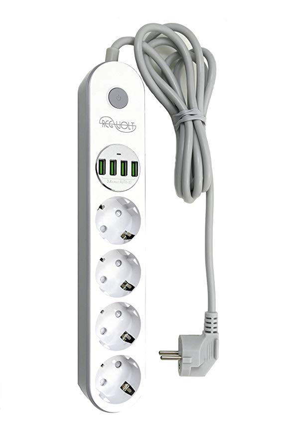 Regvolt European Schuko Power Strip 4 Outlets & 4 fast USB Charger 3.1A/17W 6Ft Power Cord 2500W AC 220v 230v 240V 250v - CE and RoHS (EUROPEAN - 4 Outlet & 4 USB)