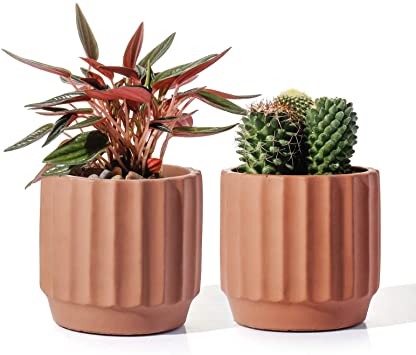 POTEY Cement Indoor Plant Pots - 4 Inch Medium Planter Flower Containers Clay Modern Decorative with Drain Hole - Set of 2 Terracotta, Unglazed 202221