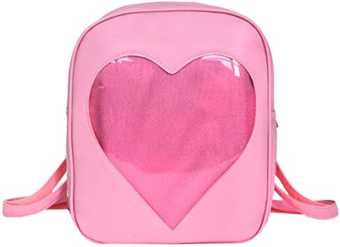LA HAUTE PU Leather Backpack Transparent Love Heart School Bags Daypacks, Pink