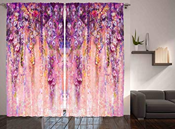 Ambesonne Flower Curtains, Watercolor Painting Effect Wisteria Tree Blossoms Soft Scenic Spring Display, Living Room Bedroom Window Drapes 2 Panel Set, 108" X 84", Purple Lilac