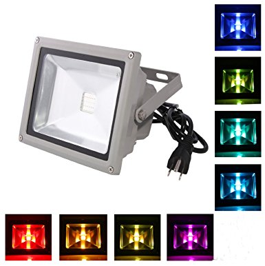 LOFTEK 10W Outdoor Security RGB LED Floodlight, High Powered RGB Color Change(16 Different Color Tones and Four modes), Spotlight