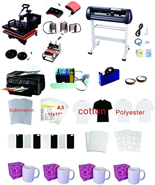 34" Plotter 15"x15" 8in1 Sublimation Heat Press WF-7710(7720) 11"x17" printer CISS Material kit