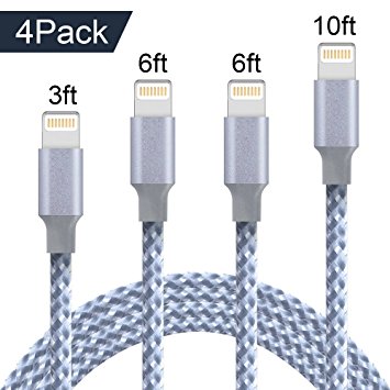 AOFU Lightning Cable,iPhone Cable iPhone Charger 4Pack 3FT 6FT 6FT 10FT Extra Long Nylon Braided Cord to USB Charging for iPhone 7/7 Plus/6/6 Plus/6S/6S Plus,SE/5S/5,iPad,iPod Nano 7 (Gray White)