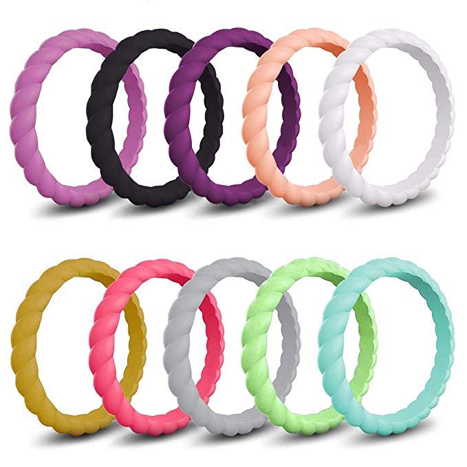 Silicone Wedding Ring for Women,10-Packs Thin and Stackable Braided Rubber Wedding Bands,Affordable,Fashion,Colorful,Comfortable fit,Skin Safe