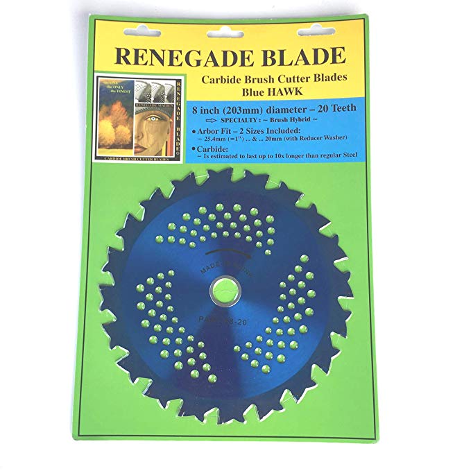 Renegade Blade 1 Blade 8"-20t - Renegade Hawk/Hybrid - Brush Specialty GS1 Barcode Shelf Hanging Blister Pack - Carbide Brush Cutter Weed Eater Blades, 203mm Diameter