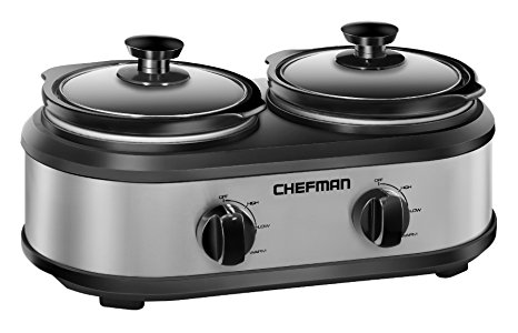 Chefman Double Slow Cooker & Buffet Server with 2 Removable 1.25 Qt. Oval Crocks, Pot Inserts Individually Heat Controlled, Stainless Steel – RJ15-125-D