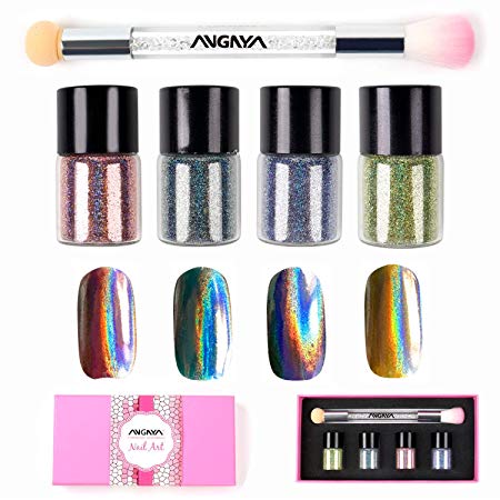 ANGNYA 4 Colors Nail Holographic Laser Glitter Powder Rainbow Chrome With Double-ended Rhinestone Sponge Brush Nail Art Set (5g/bottle)
