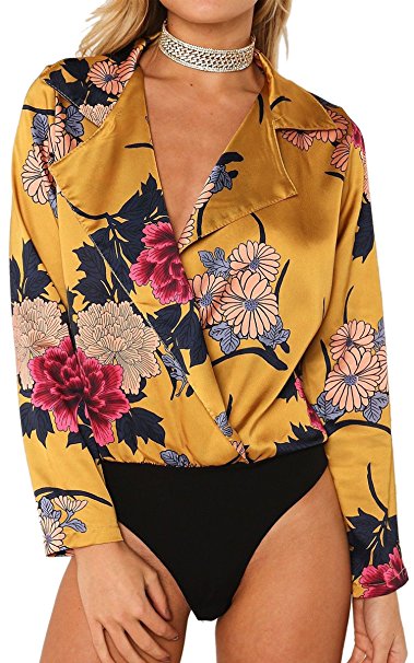 Angashion Women's Sexy Deep V Neck Floral Print Bodysuit Blouse Clubwear Tops Jumpsuit